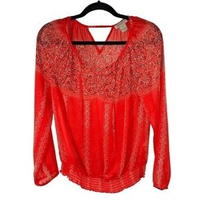 Lucky Brand Red Southwestern Print‎ Sheer Blouse